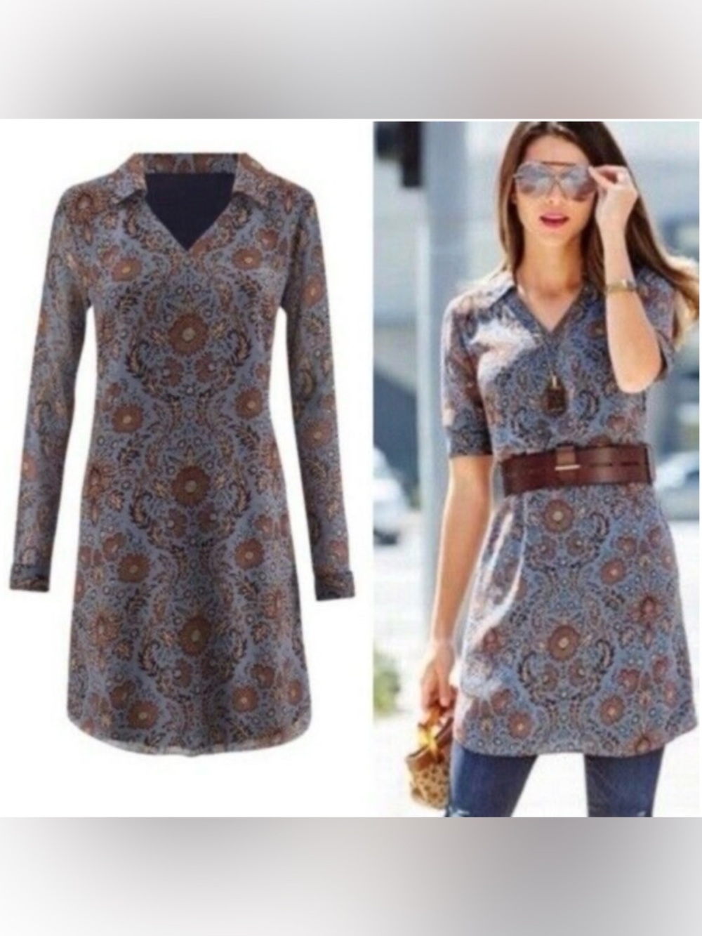 CABI Blue Paisley Floral Long-Sleeve V-Neck Dress with Brown Accents Sz XS